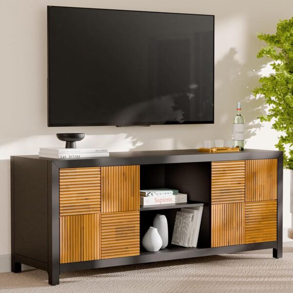 Solid Wood Fluted Fully Assembled Media Console, Craft to Last Center with Soft Close Door & Adjustable Storage Space, Spacious & Unique Entertainment, Madia 60 Inch TV Stand, Black & Teak Brown