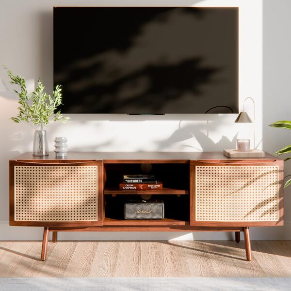 Solid Wood, 5 Minutes Assembled, Mid Century Mondern Media Console,  Curved TV Stand, Dark Chocolate